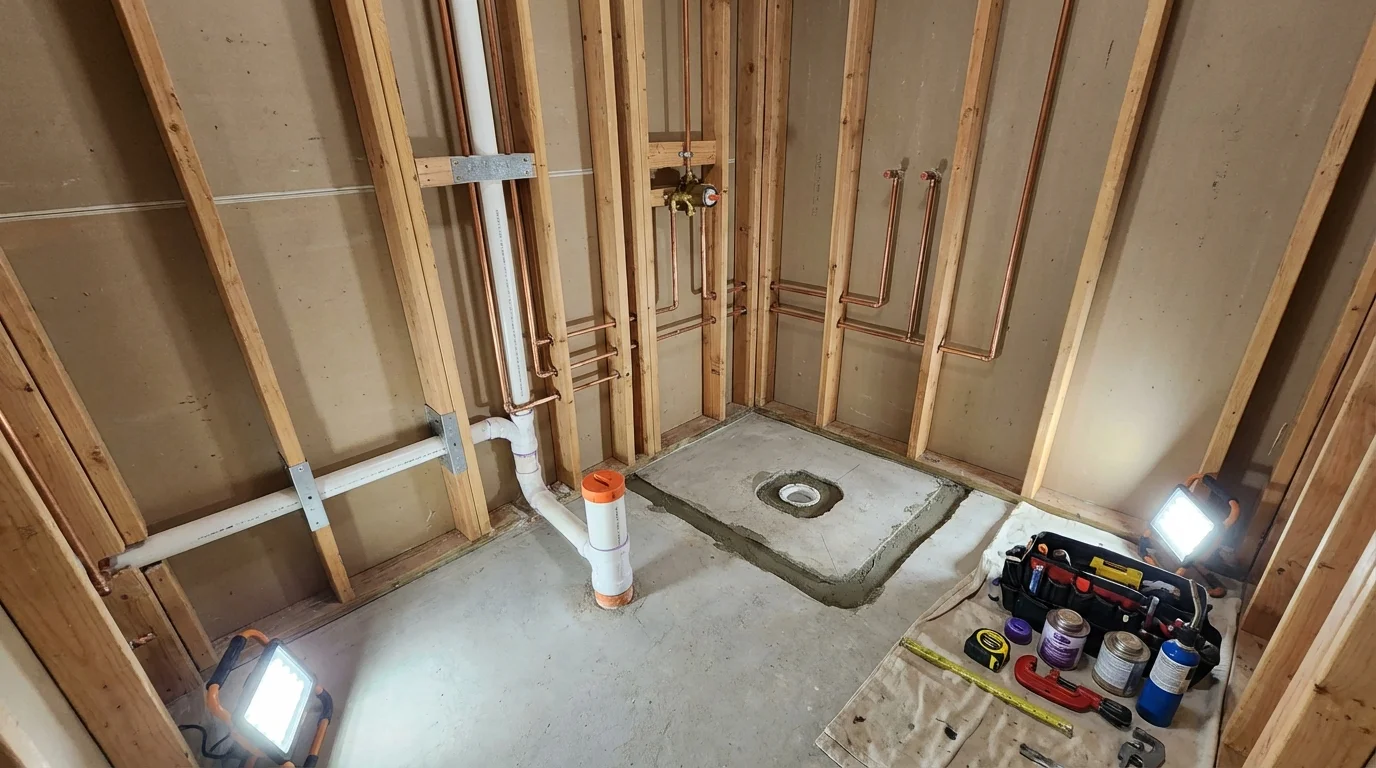 Bathroom rough-in plumbing during remodel by Johns Plumbing LLC in Bainbridge