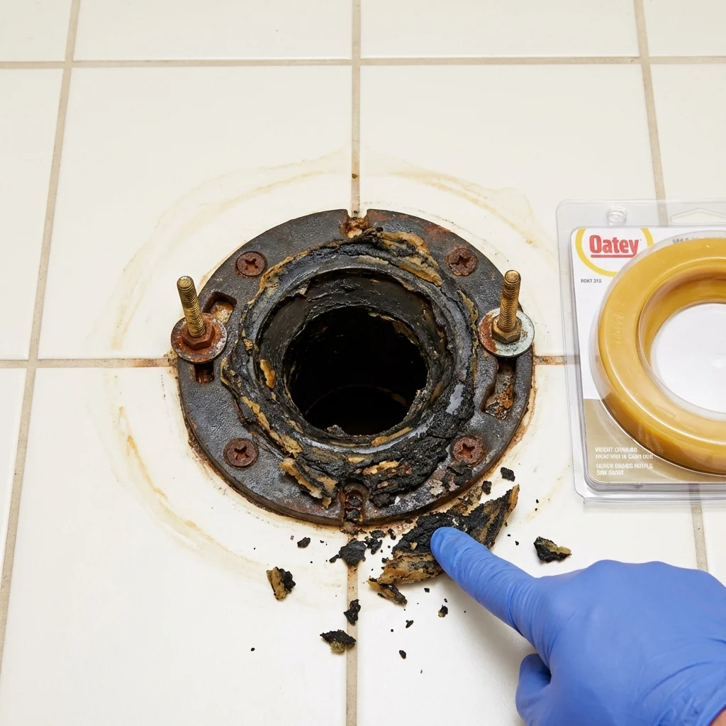 Failed wax ring showing water seepage at the base of a toilet in a Bainbridge, GA home
